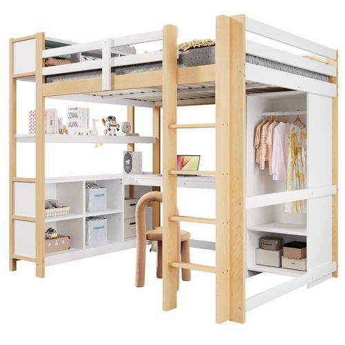 Lit Mezzanine Adulte 140x200 Cm Avec Bureau, échelle, étagères Et Armoire, En Pin Blanc Et Naturel