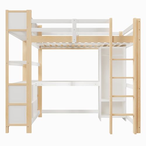 Lit Mezzanine Adulte 140x200 Cm Avec Bureau, échelle, étagères Et Armoire, En Pin Blanc Et Naturel