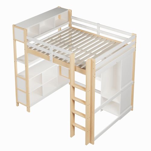 Lit Mezzanine Adulte 140x200 Cm Avec Bureau, échelle, étagères Et Armoire, En Pin Blanc Et Naturel