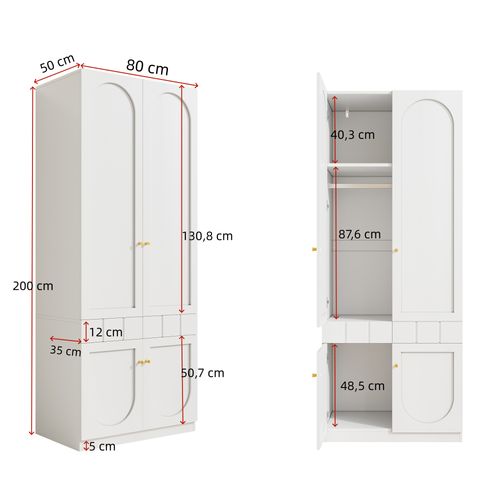 Armoire 80x50x200 Cm Blanc Avec Penderie, 4 Portes Et Tiroirs