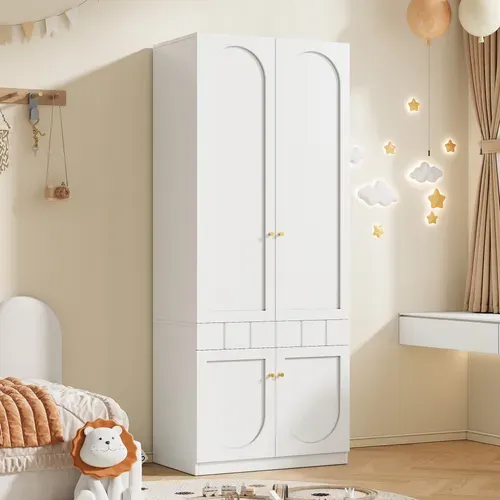 Armoire 80x50x200 Cm Blanc Avec Penderie, 4 Portes Et Tiroirs