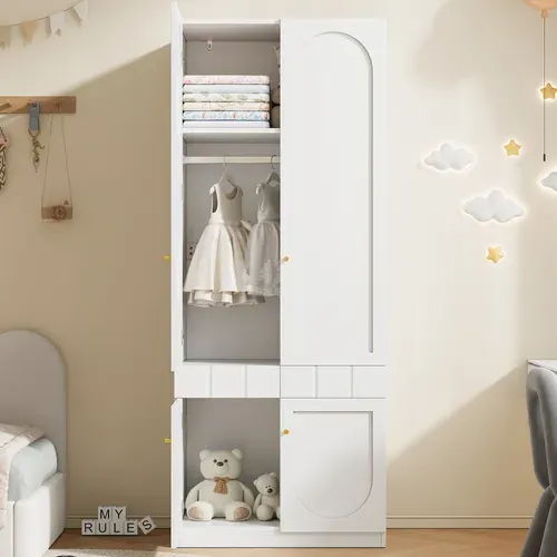 Armoire 80x50x200 Cm Blanc Avec Penderie, 4 Portes Et Tiroirs