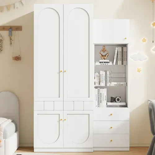 Ensemble Armoire 80x50x200 Cm Et Bibliothèque 50x40x180 Cm Blanc Avec 5 Portes Et 5 Tiroirs