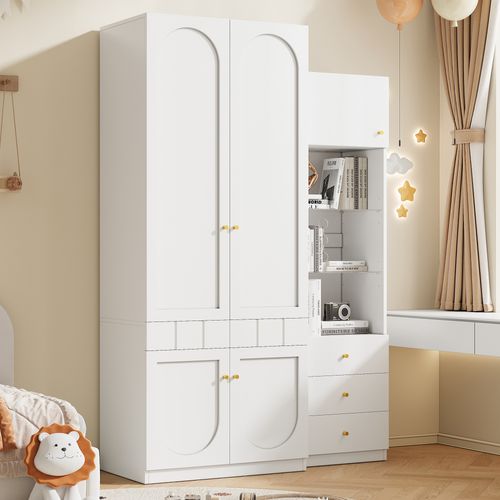 Ensemble Armoire 80x50x200 Cm Et Bibliothèque 50x40x180 Cm Blanc Avec 5 Portes Et 5 Tiroirs