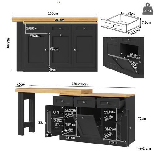Meuble De Bar Extensible 120-200x40 Cm Noir Avec 3 Tiroirs Et Compartiment De Porte