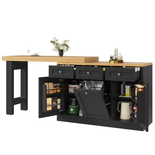 Meuble De Bar Extensible 120-200x40 Cm Noir Avec 3 Tiroirs Et Compartiment De Porte
