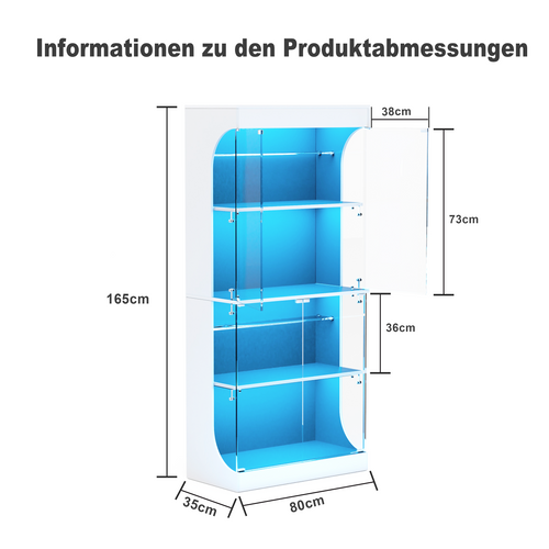 Vitrine Blanche 80x35x165 Cm Avec LED, USB/type-c Et Portes Vitrées