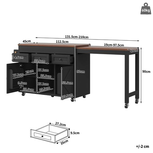 Table De Bar Extensible 131,5-210 Cm Noire Avec 3 Tiroirs, 2 Portes, Roulettes Et étagères Réglables