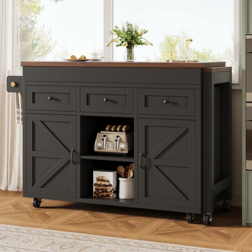 Table De Bar Extensible 131,5-210 Cm Noire Avec 3 Tiroirs, 2 Portes, Roulettes Et étagères Réglables