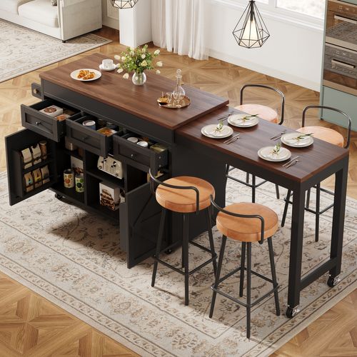 Table De Bar Extensible 131,5-210 Cm Noire Avec 3 Tiroirs, 2 Portes, Roulettes Et étagères Réglables