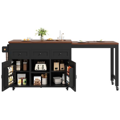 Table De Bar Extensible 131,5-210 Cm Noire Avec 3 Tiroirs, 2 Portes, Roulettes Et étagères Réglables
