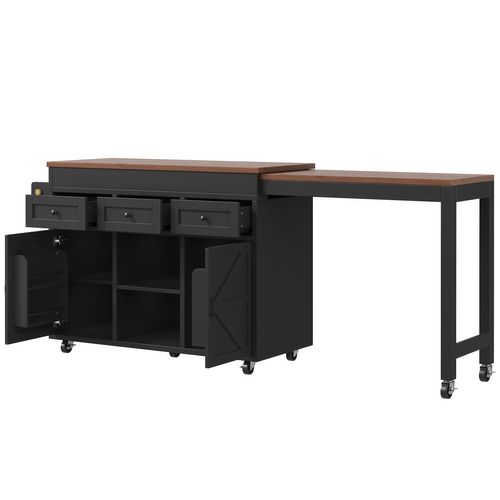 Table De Bar Extensible 131,5-210 Cm Noire Avec 3 Tiroirs, 2 Portes, Roulettes Et étagères Réglables