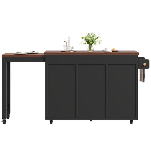 Table De Bar Extensible 131,5-210 Cm Noire Avec 3 Tiroirs, 2 Portes, Roulettes Et étagères Réglables
