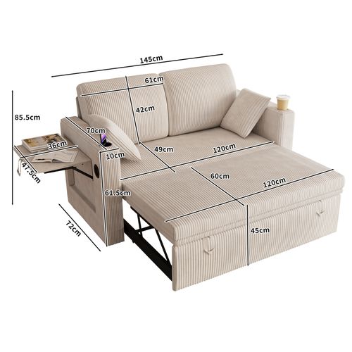 Canapé Convertible 2 Places 145x132x85.5 Cm Avec USB, Type-c Et Porte-gobelets, Velours Côtelé Blanc