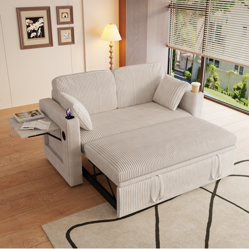 Canapé Convertible 2 Places 145x132x85.5 Cm Avec USB, Type-c Et Porte-gobelets, Velours Côtelé Blanc