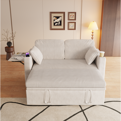 Canapé Convertible 2 Places 145x132x85.5 Cm Avec USB, Type-c Et Porte-gobelets, Velours Côtelé Blanc