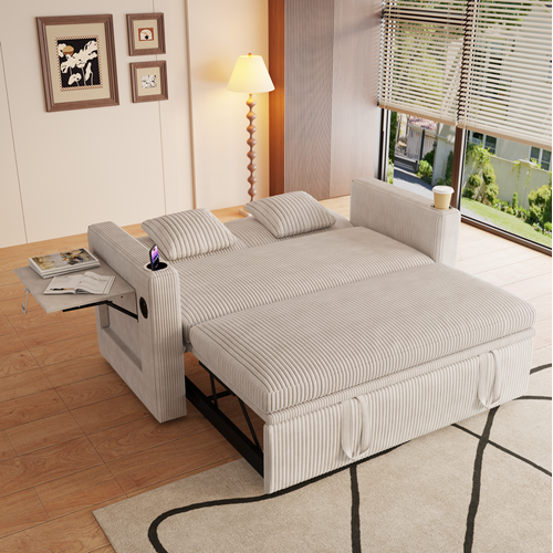 Canapé Convertible 2 Places 145x132x85.5 Cm Avec USB, Type-c Et Porte-gobelets, Velours Côtelé Blanc