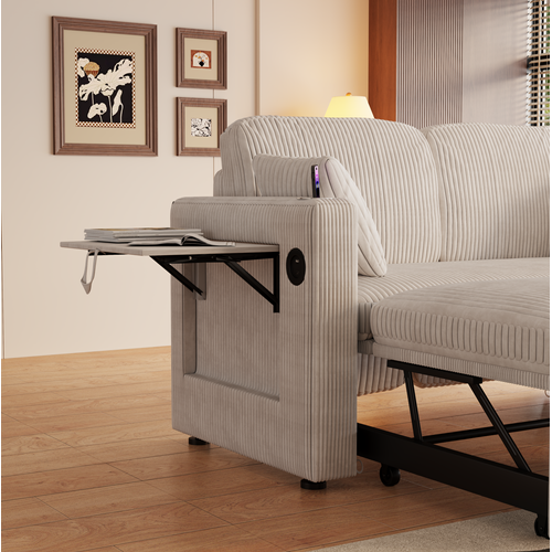 Canapé Convertible 2 Places 145x132x85.5 Cm Avec USB, Type-c Et Porte-gobelets, Velours Côtelé Blanc