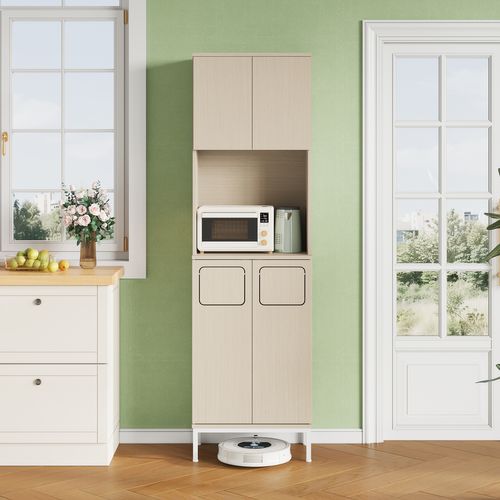 Buffet Haut, Armoire De Cuisine 53x35x181 Cm Bois Clair, étagères Réglables Et Compartiment Poubelle