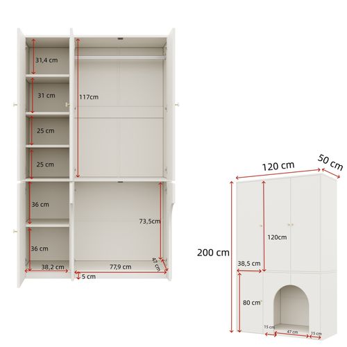 Armoire 120x50x200 Cm Blanche Avec Penderie Et Portes, Niche Pour Animal