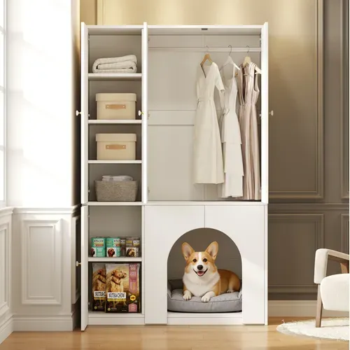 Armoire 120x50x200 Cm Blanche Avec Penderie Et Portes, Niche Pour Animal