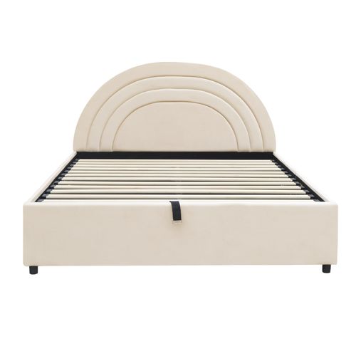 Lit Coffre 140x200 Cm 2 Places Avec Rangements, Tête De Lit Et Sommier à Lattes, Velours Beige