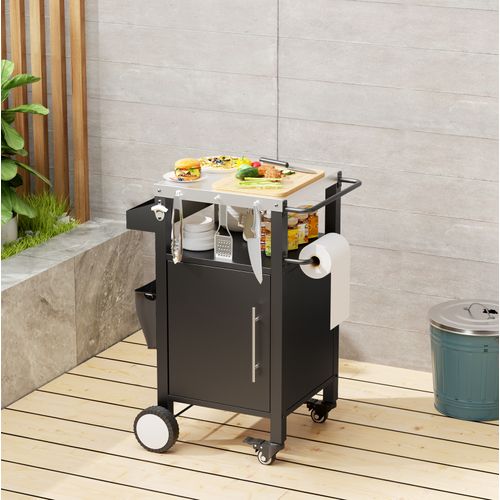Desserte De Barbecue 46.2x46x87.9 Cm En Métal Noir Avec Porte Et Roulettes