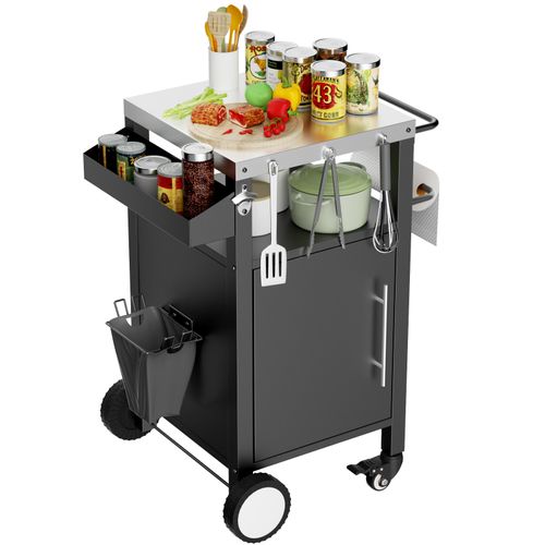 Desserte De Barbecue 46.2x46x87.9 Cm En Métal Noir Avec Porte Et Roulettes