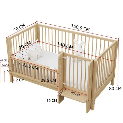 Lit Bébé évolutif 70x140 Cm Bois Naturel Avec Marchepied Et Barrière De Sécurité