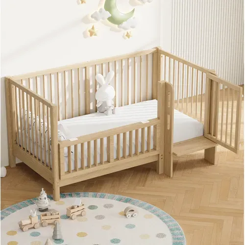 Lit Bébé évolutif 70x140 Cm Bois Naturel Avec Marchepied Et Barrière De Sécurité