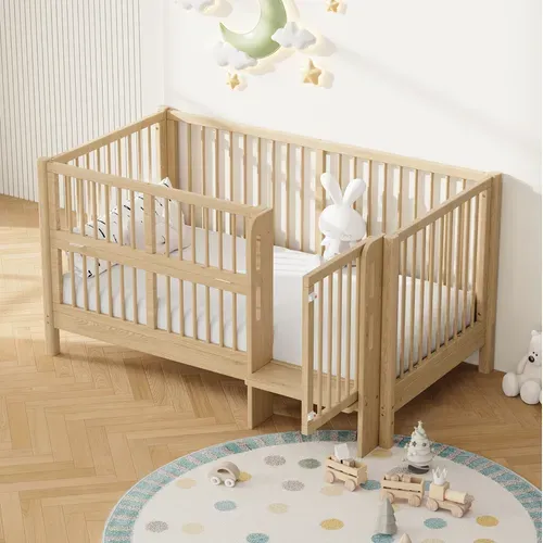 Lit Bébé évolutif 70x140 Cm Bois Naturel Avec Marchepied Et Barrière De Sécurité