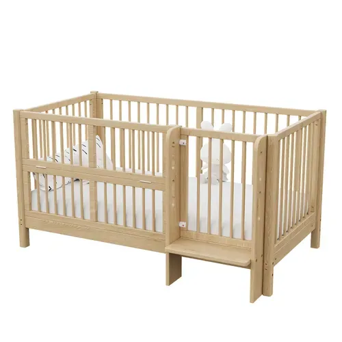 Lit Bébé évolutif 70x140 Cm Bois Naturel Avec Marchepied Et Barrière De Sécurité