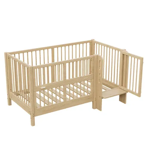Lit Bébé évolutif 70x140 Cm Bois Naturel Avec Marchepied Et Barrière De Sécurité