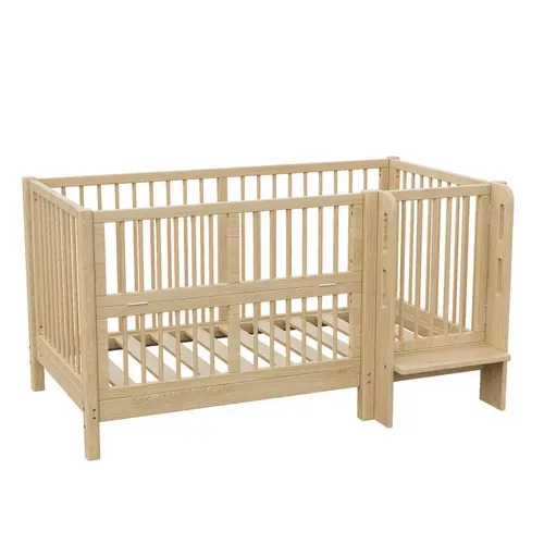 Lit Bébé évolutif 70x140 Cm Bois Naturel Avec Marchepied Et Barrière De Sécurité