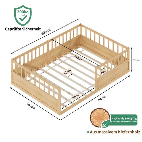 Lit Enfant Au Sol 140x200 Cm Avec 3 Côtés De Sécurité Et Sommier à Lattes, En Pin Naturel