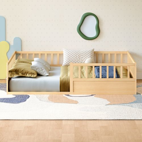 Lit Enfant Au Sol 140x200 Cm Avec 3 Côtés De Sécurité Et Sommier à Lattes, En Pin Naturel