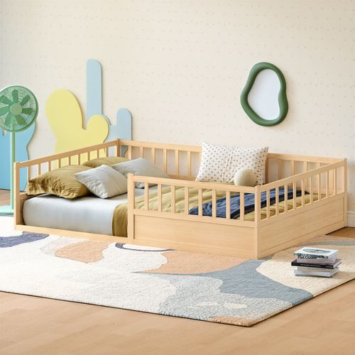 Lit Enfant Au Sol 140x200 Cm Avec 3 Côtés De Sécurité Et Sommier à Lattes, En Pin Naturel