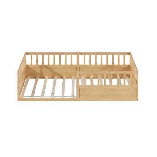 Lit Enfant Au Sol 140x200 Cm Avec 3 Côtés De Sécurité Et Sommier à Lattes, En Pin Naturel