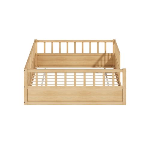 Lit Enfant Au Sol 140x200 Cm Avec 3 Côtés De Sécurité Et Sommier à Lattes, En Pin Naturel