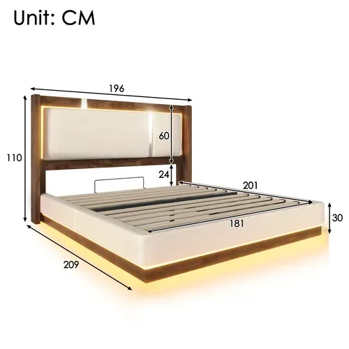Lit Coffre Adulte 180x200 Cm En Lin Beige Avec LED, Tête De Lit Et Sommier À Lattes