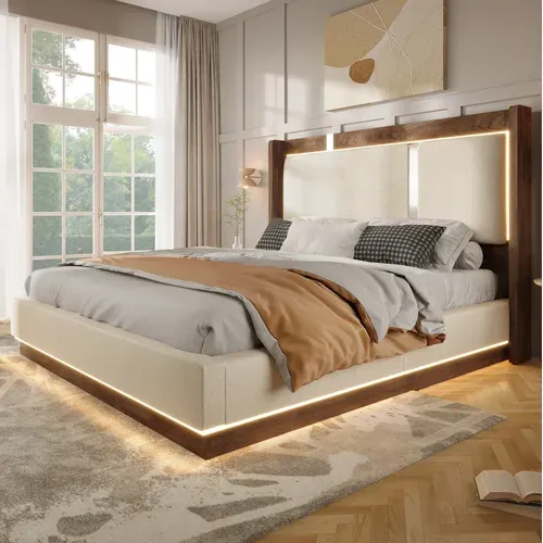 Lit Coffre Adulte 180x200 Cm En Lin Beige Avec LED, Tête De Lit Et Sommier À Lattes