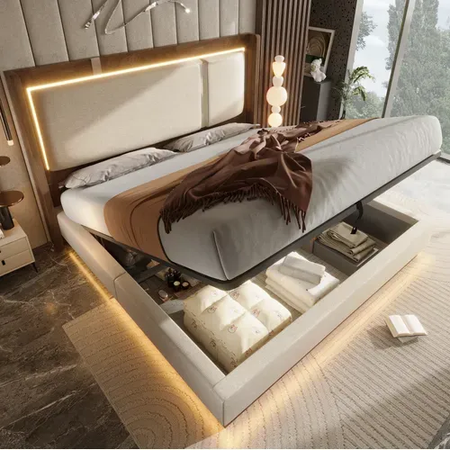 Lit Coffre Adulte 180x200 Cm En Lin Beige Avec LED, Tête De Lit Et Sommier À Lattes