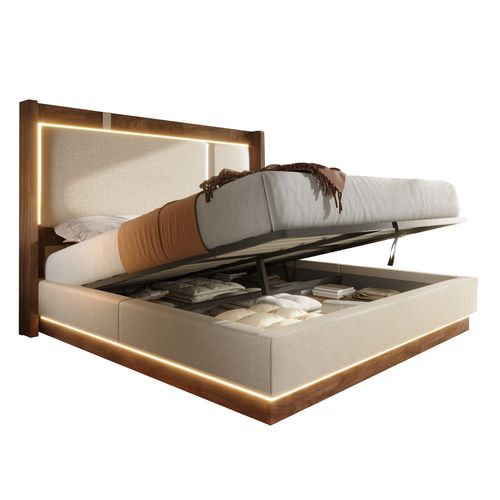 Lit Coffre Adulte 180x200 Cm En Lin Beige Avec LED, Tête De Lit Et Sommier À Lattes