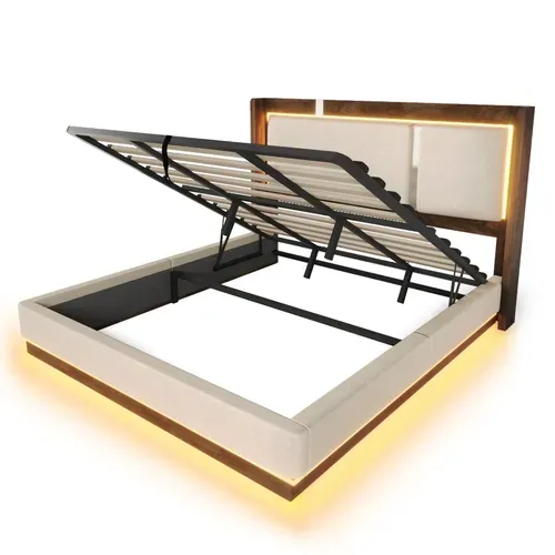 Lit Coffre Adulte 180x200 Cm En Lin Beige Avec LED, Tête De Lit Et Sommier À Lattes