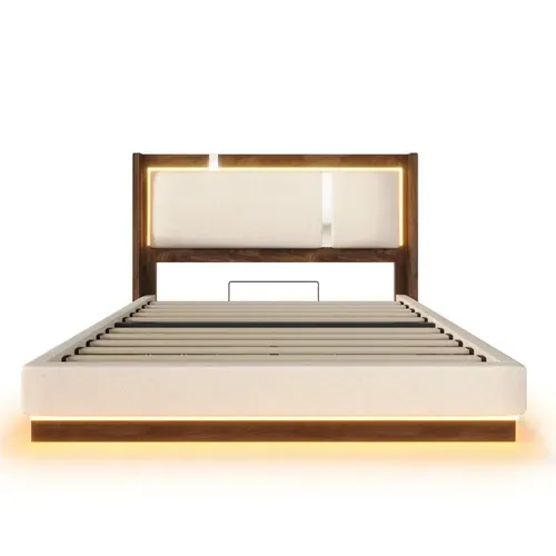 Lit Coffre Adulte 180x200 Cm En Lin Beige Avec LED, Tête De Lit Et Sommier À Lattes