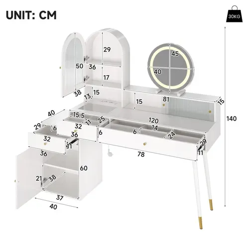 Coiffeuse 140x40x140 Cm Blanc Avec Miroir LED, USB, Type-c, 2 Prises, 3 Tiroirs Et 2 Portes