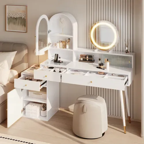 Coiffeuse 140x40x140 Cm Blanc Avec Miroir LED, USB, Type-c, 2 Prises, 3 Tiroirs Et 2 Portes