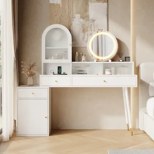 Coiffeuse 140x40x140 Cm Blanc Avec Miroir LED, USB, Type-c, 2 Prises, 3 Tiroirs Et 2 Portes