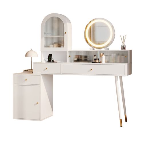 Coiffeuse 140x40x140 Cm Blanc Avec Miroir LED, USB, Type-c, 2 Prises, 3 Tiroirs Et 2 Portes