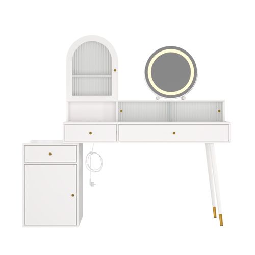 Coiffeuse 140x40x140 Cm Blanc Avec Miroir LED, USB, Type-c, 2 Prises, 3 Tiroirs Et 2 Portes